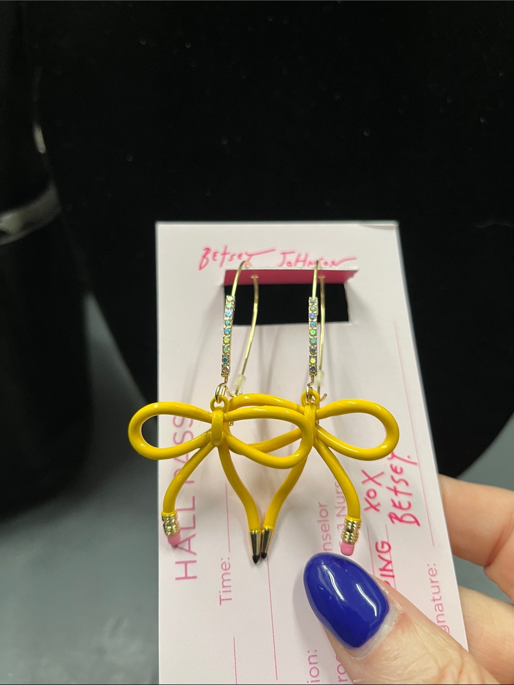 NWTBetsey Johnson Yellow Pencil Bow Hoop Drop Earrings with Rhinestones - Picture 4 of 6